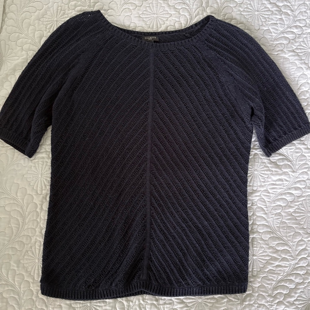 Talbots navy silver metallic sparkle Short Sleeve sweater medium petite